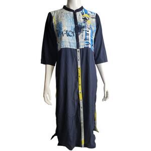 W India Abstract Graphic Maxi Tunic Dress Sz 14 Blue Yellow Inspirational Words